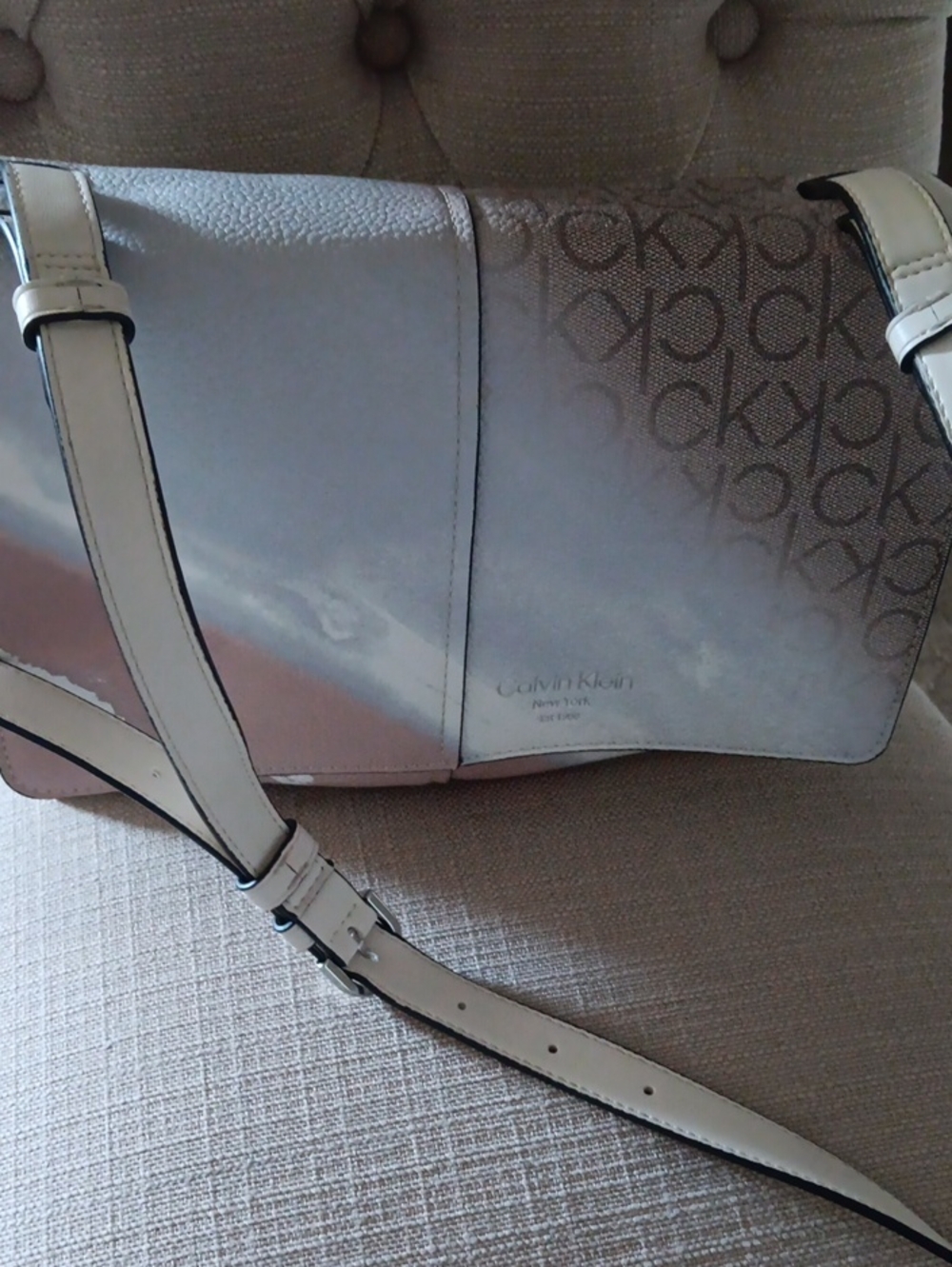 Calvin Klein Two-Tone Monogram Crossbody in Light Beige and Ivory